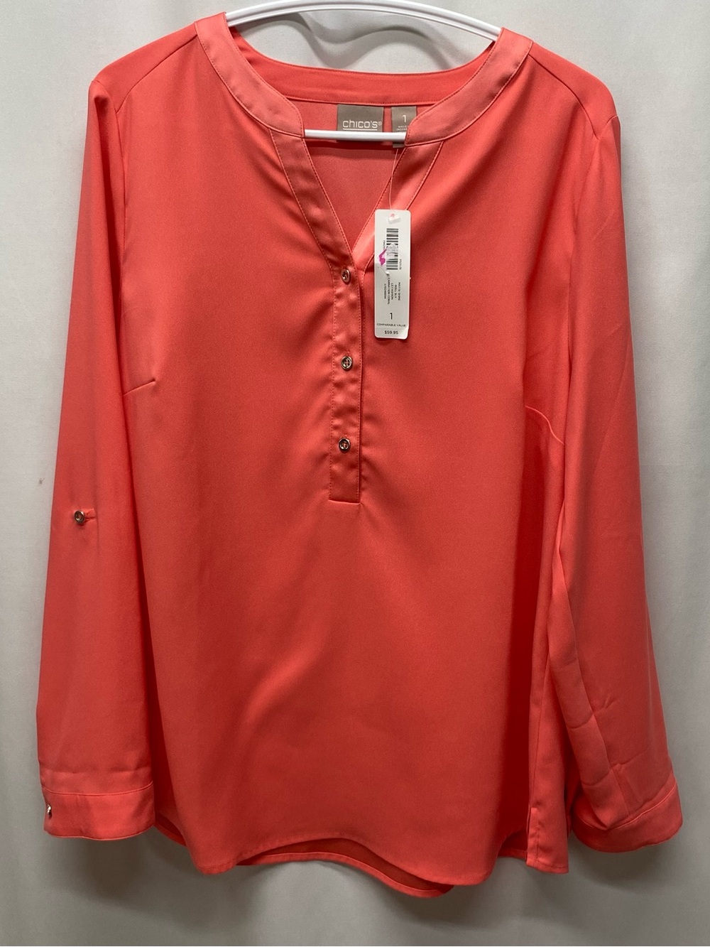 Chico's size 1 coral matte shine roll tab sleeve blouse long sleeve popover nwt